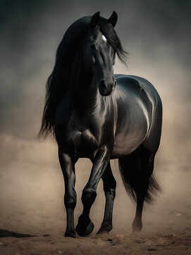 Beautiful Black horse, outdoor background. 