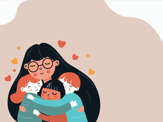 Young Girl Character Hugging Her Cute Kids With Hearts And Copy Space. Happy Teachers Day Concept.