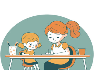 Vector Illustration of Young Woman Character Teaching To Girl At a Desk With Pen Holder and Coffee or Tea Cup. Happy Teachers Day Concept.