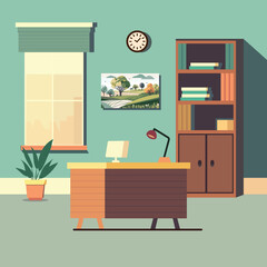 Vector Illustration of Workplace Desk With Book Shelves, Plant Pot, Wall Clock, Nature Landscape Scenery And Roller Window In Study Room or Office Interior.