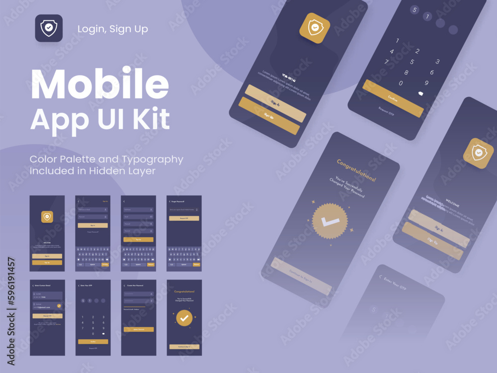 Poster wireframe ui, ux, gui layout with different login screens including account sign in, sign up and loc