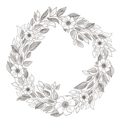 Hand Drawn Wreath or Floral Frame In Circular Shape. Generative AI Illustration.