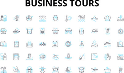 Business tours linear icons set. Nerking, Exploration, Development, Collaboration, Growth, Opportunity, Expansion vector symbols and line concept signs. Strategy,Innovation,Advancement illustration