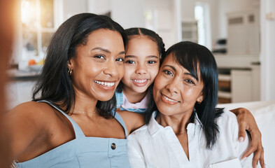 Grandmother, selfie and child with mother in home living room, bonding or having fun. Family, smile...