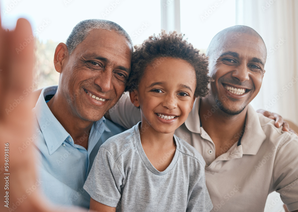 Canvas Prints Selfie portrait, grandfather and kid with dad in home living room, bonding or having fun. Family, happiness and boy with grandpa and father, care and enjoying time together while taking pictures.