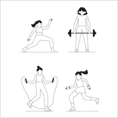 Vector illustration black and white lifestyle of young women exercising and taking care of body shape running, yoga, weight lifting, jump rope. Health care concept