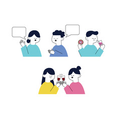 Obraz na płótnie Canvas Cartoon characters of men and women talking happily. A little boy drinking water and enjoy eating donuts. Two teenage girls clinking glasses of wine at a party. Daily routine vector illustration