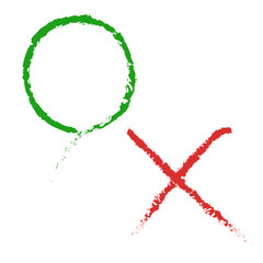 Circle and cross icon drawn with a brush. Correct and incorrect answer. Vector.