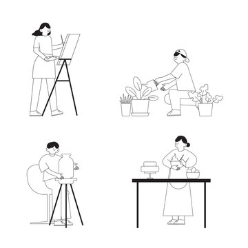 Vector illustration black and white set hobbies of people, Woman painting and cooking, Men gardening, planting trees and making vases out of clay. Lifestyle concept