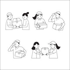 Black and white cartoon vector illustration set of delivery workers delivering products to customers. Delivery service concept