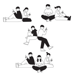 Black and white cartoon vector illustration set of teenage boys and girls sitting and texting messages in chat using smartphone. Happy young people typing on Phone. Smartphone addiction concept