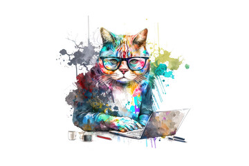 cat with laptop drawn with watercolors isolated on white background. AI generation
