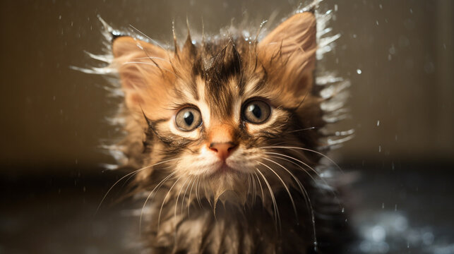 A wet kitten with a wet face is looking at the camera.