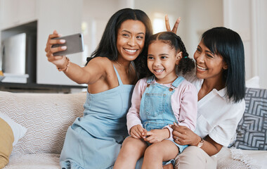 Peace sign selfie, grandmother and kid with mother in home living room, bonding or having fun. Family, smile and girl with grandma and mama, care or taking pictures on sofa with v hand emoji together