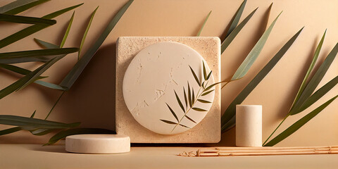 Stone podium and bamboo leaves. Product promotion Beauty cosmetic presentation background.  3d render 