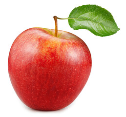 Organic red apple isolated on white background. Taste apple with leaf. With clipping path