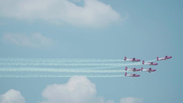 Jakarta, Indonesia - April 9, 2023: The Jupiter Aerobatic Team Squadron performs at the air show at Halim Perdanakusuma International Airport, during the 77th anniversary of TNI