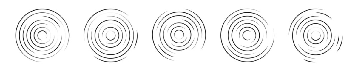 Set of circular ripple icons. Concentric circles with broken lines isolated on white background. Vortex, sonar wave, soundwave, sunburst, signal signs