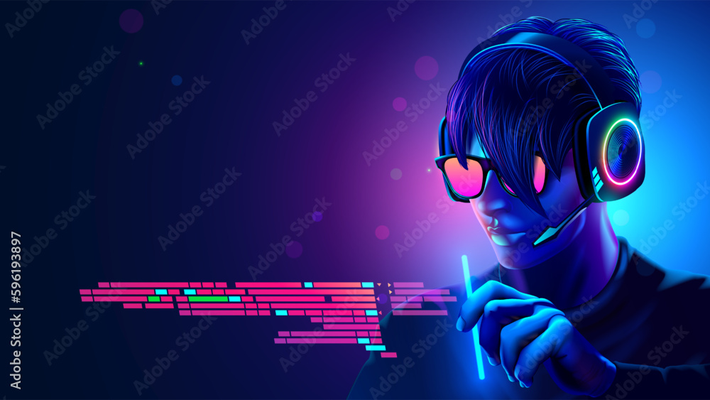 Poster Programmer in headset coding programm text in VR interface. Software Developer of computer code. Code in programming environment. Futuristic computer technology concept. Man work in glasses, headset.