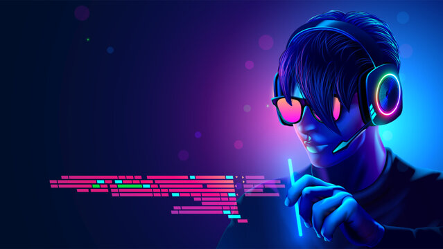 Programmer in headset coding programm text in VR interface. Software Developer of computer code. Code in programming environment. Futuristic computer technology concept. Man work in glasses, headset.