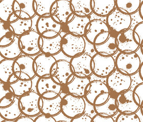 Naklejka premium Coffee rings seamless pattern with coffee drops and splashes, vector