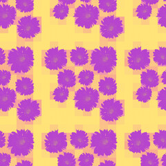 Repeating seamless floral pattern of gerbera daisies in purple with yellow background. Spring and summer graphic design resource.