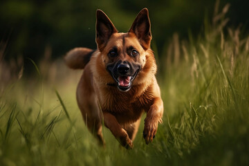 Naklejka premium Happy Dog Running in a Meadow - Close Up Shot of a Cute and Playful Pet Enjoying the Outdoors