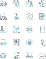 Aeroplane linear icons set. Wings, Jet, Cockpit, Propellers, Altitude, Cabin, Control line vector and concept signs. Aviator,Take-off,Landing outline illustrations