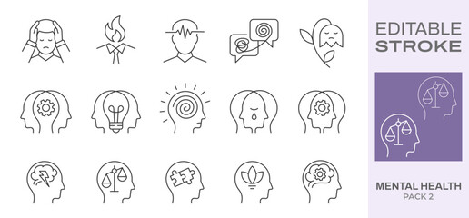 Mental health icons, such as charity, anxiety, therapy, panic attack and more. Editable stroke.