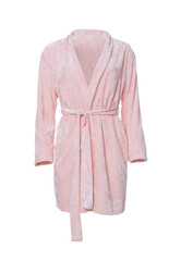 Soft pink velour bathrobe isolated on white