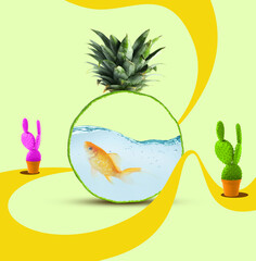 Creative collage design. Goldfish in aquarium between bright cactuses on color background. Fish...