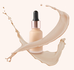 Fototapeta na wymiar Liquid foundation in bottle and splashes of makeup product on light beige background