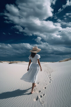 Summer Woman In Hat Walking Away In White Sand , Blue Sky. Ai Generative