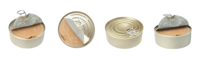 Collage with tasty pates in cans on white background