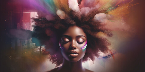 Afroamerikanisches Frauen Gesicht mit Holi Farben Pulver Explosion, Nahaufnahme Poster, AI Genartiv