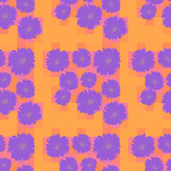 Seamless digital art floral pattern of purple gerbera daisies on an orange geometric background for spring and summer wallpaper.