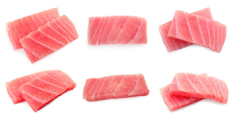 Collage with fresh tuna sashimi isolated on white, top and side views