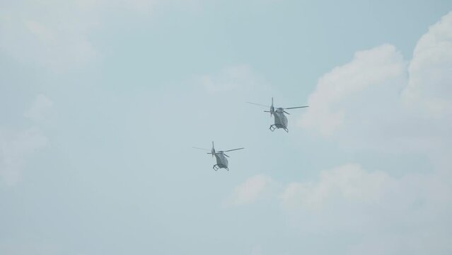 Jakarta, Indonesia - April 9, 2023: Indonesian Air Force (TNI AU) EC120B Colibri helicopter performs at the Indonesian Air Force's birthday event at Halim Perdana Kusuma
