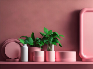 Realistic 3D rendering of an empty shiny light pink tray in front of an empty pastel pink wall with beautiful plants, sunlight, leaf shadow, skincare,generative AI