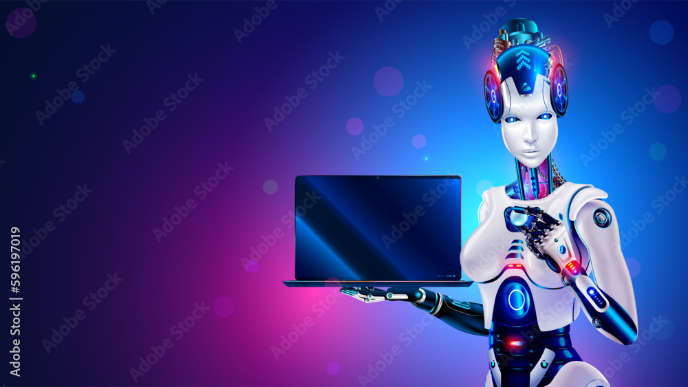 Poster robot woman with ai shows laptop screen in his hands. cyborg female holds a laptop with a blank scre