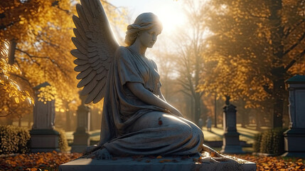 Statue of an angel in a cemetery in the rays of light, 8k, generative ai