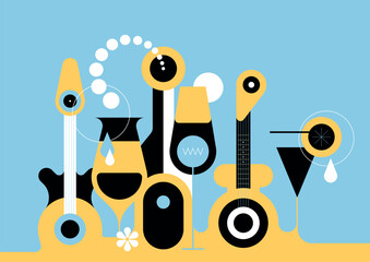 Flat vector design of different cocktail glasses, a bottle of acohol drink and two guitars isolated on a light blue background.