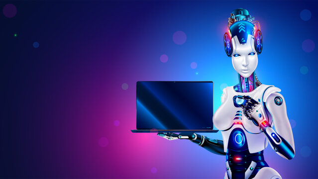 Robot woman with AI shows laptop screen in his hands. Cyborg female holds a laptop with a blank screen in the palm of his hand. Artificial intelligence or neural networks computer conceptual banner.