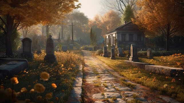 Beautiful autumn cemetery with graves and tombs, 8k, generative ai