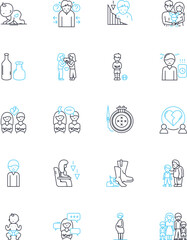 Social work linear icons set. Empathy, Advocacy, Reform, Equality, Empowerment, Intervention, Diversity line vector and concept signs. Outreach,Engagement,Assistance outline illustrations