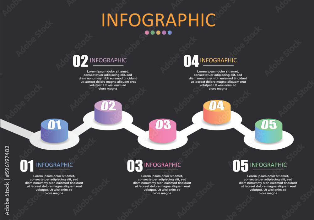 Poster vector infographic timeline or workflow plan, 5 steps circular embossed buttons with connected lines