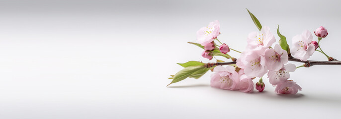 Creative Floral concept. Fresh pink sakura cherry blossom flower on tree branch isolated on white background. Template for product presentation display.. flat lay top view. copy text space

