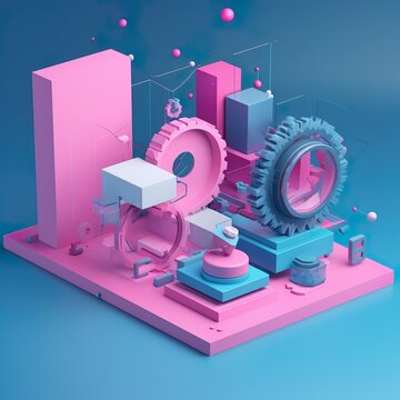Ilustraci&oacute;n isom&eacute;trica tecnol&oacute;gica de engranajes relacionado a industria y el desarrollo, elementos en rosa y azul en un fondo azul