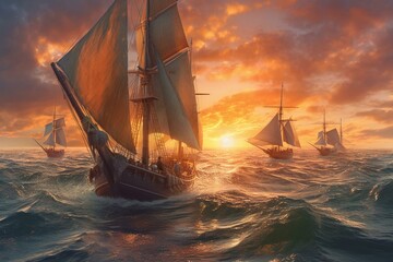 An oil painting of boats on the sea with colorful skies and waves, depicting the lucky trade of sailboats and junk boats. Generative AI