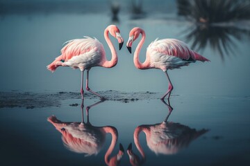 A pair of pink flamingos standing on the surface of a serene lake, their reflection mirrored upon the water. Generative AI